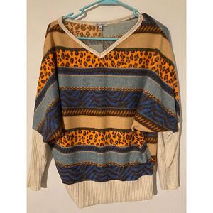 White Birch Animal Print Striped Sweater Cozy Knit Pullover Size S